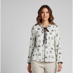 Talbots Paris Print Top XL Black Ivory Chiffon Button Tie Long Sleeve Feminine